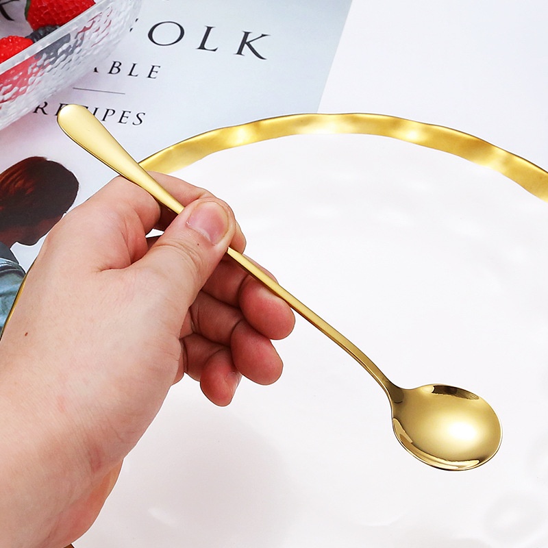 Sendok Stainless Steel, Aksesoris Dapur Sendok Pengaduk Anggur, Sendok Es Krim, Makanan Penutup Runcing, Pegangan Panjang, 19Cm