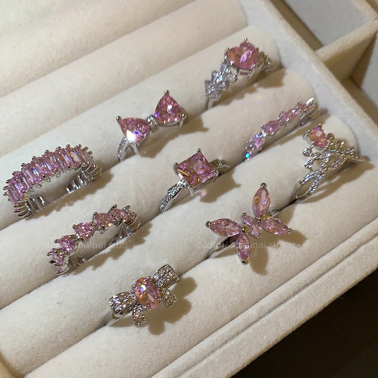 Cincin Zirkon Hati Y2K Kupu Busur Pink Kristal Titanium Pembukaan Rings Untuk Wanita Fashion Perhiasan Aksesoris