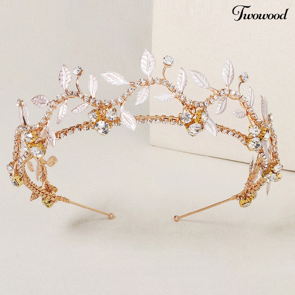 Twowood Bersinar Elegan Non-slip Pernikahan Tiara Daun Berlian Imitasi Mahkota Pengantin Ikat Kepala Aksesoris Rambut