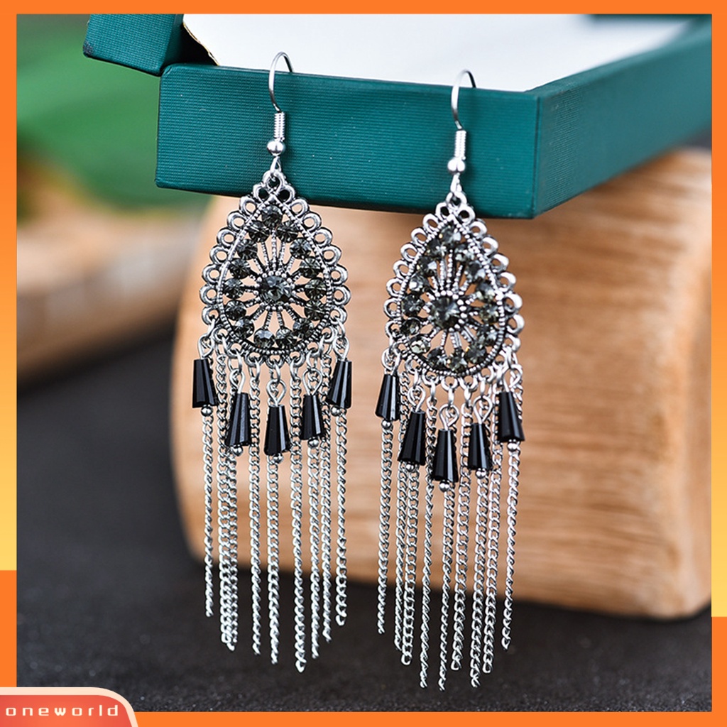 [WOD] 1pasang Anting Wanita Bentuk Tetesan Air Rumbai Berlian Imitasi Vintage Drop Earrings Untuk Pakaian Sehari-Hari