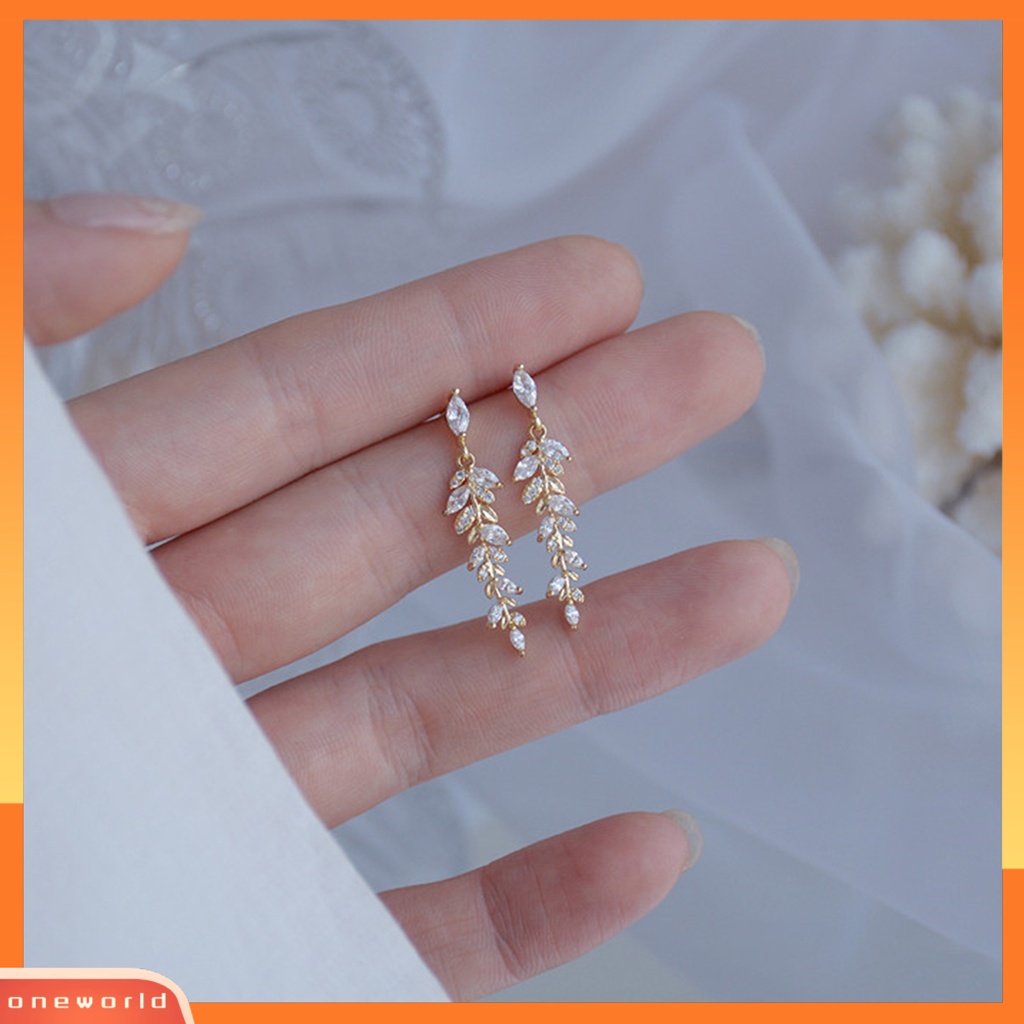 [WOD] 1pasang Drop Earrings Shiny Cubic Zirconia Bentuk Daun Indah Anting Gantung Perhiasan Pernikahan