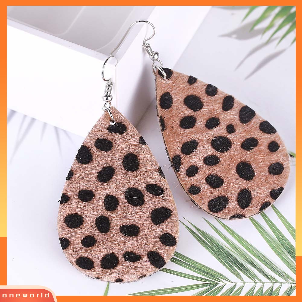 [WOD] Wanita Berongga Leopard Dot Print Kulit Imitasi Teardrop Kait Anting Perhiasan Hadiah