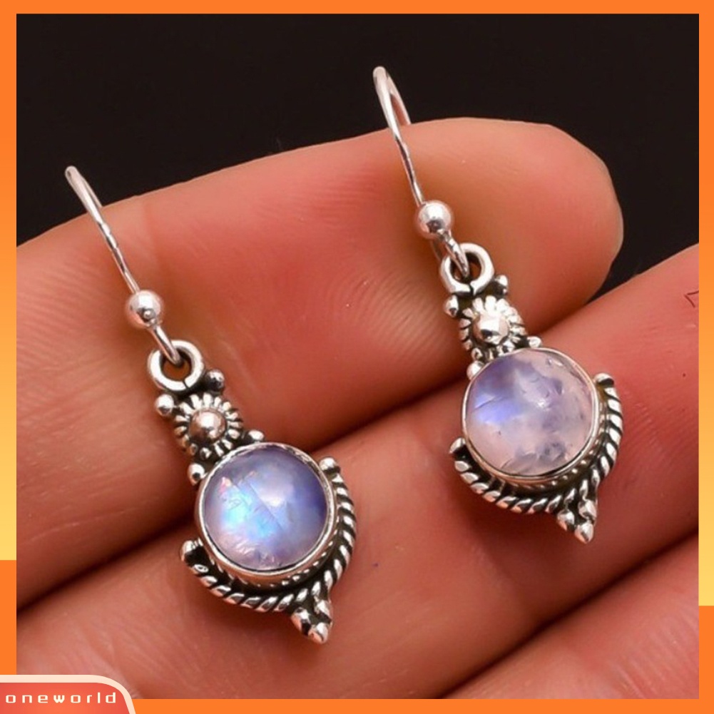 [WOD] Vintage Wanita Warna Pelangi Faux Moonstone Gemstone Menjuntai Kait Anting Perhiasan