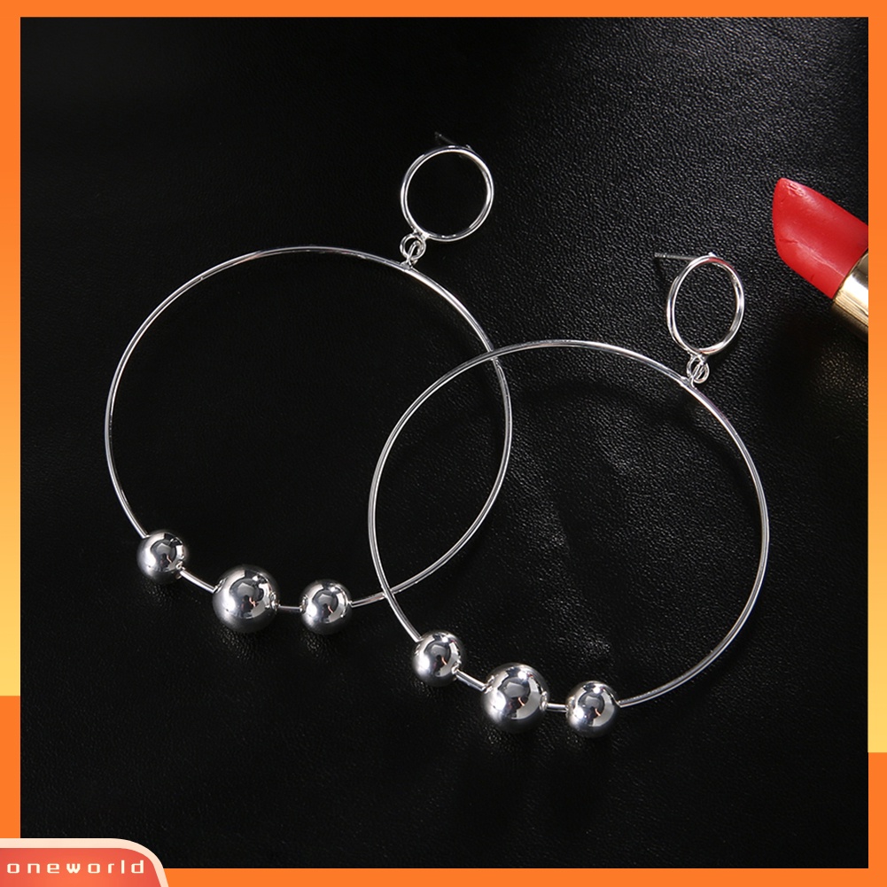 [WOD] Wanita Fashion Manik-Manik Geometris Bulat Besar Lingkaran Hoop Earrings Statement Jewelry