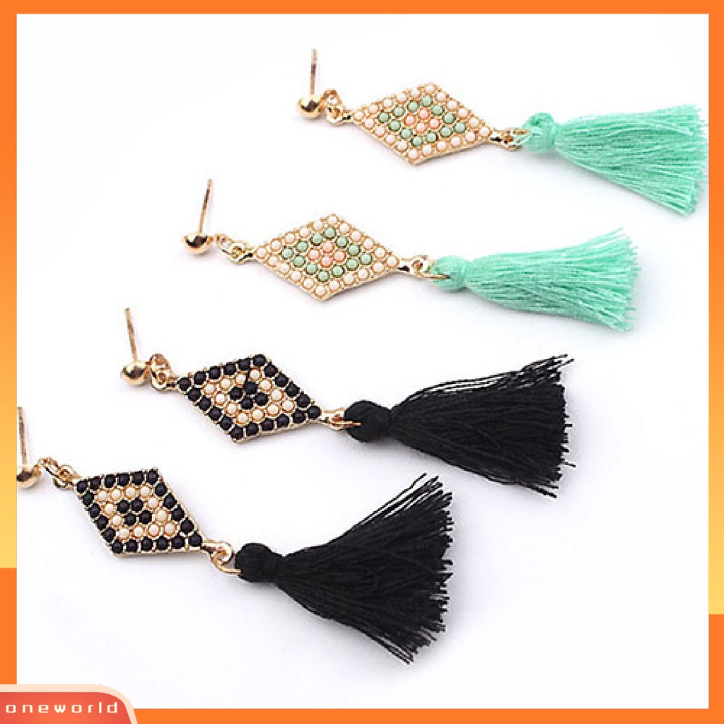 [WOD] 1pasang Ear Studs Gaya Folk Elegan Bentuk Rhombic Thread Fringed Earrings Untuk Hadiah