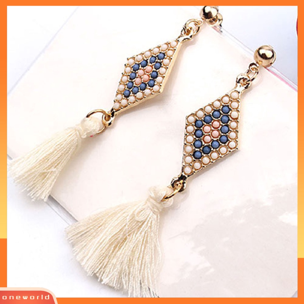 [WOD] 1pasang Ear Studs Gaya Folk Elegan Bentuk Rhombic Thread Fringed Earrings Untuk Hadiah