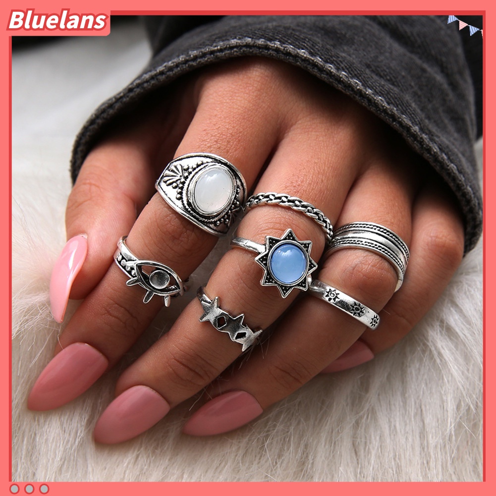 [BLS] 7pcs /Set Bohemian Wanita Mata Bintang Faux Gemstone Kunckle Midi Jari Cincin Perhiasan