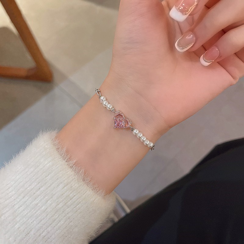 Gelang Mutiara Korea Y2K Gelang Kristal Hati Merah Muda Untuk Aksesoris Perhiasan Fashion Wanita