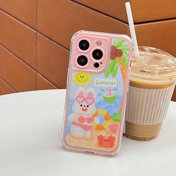 Summer Coconut Tree Bunny Soft TPU Case iP iPhone 14 + Plus 11 12 13 Pro Max 2in1 FTD Girl Woman Casing Apple