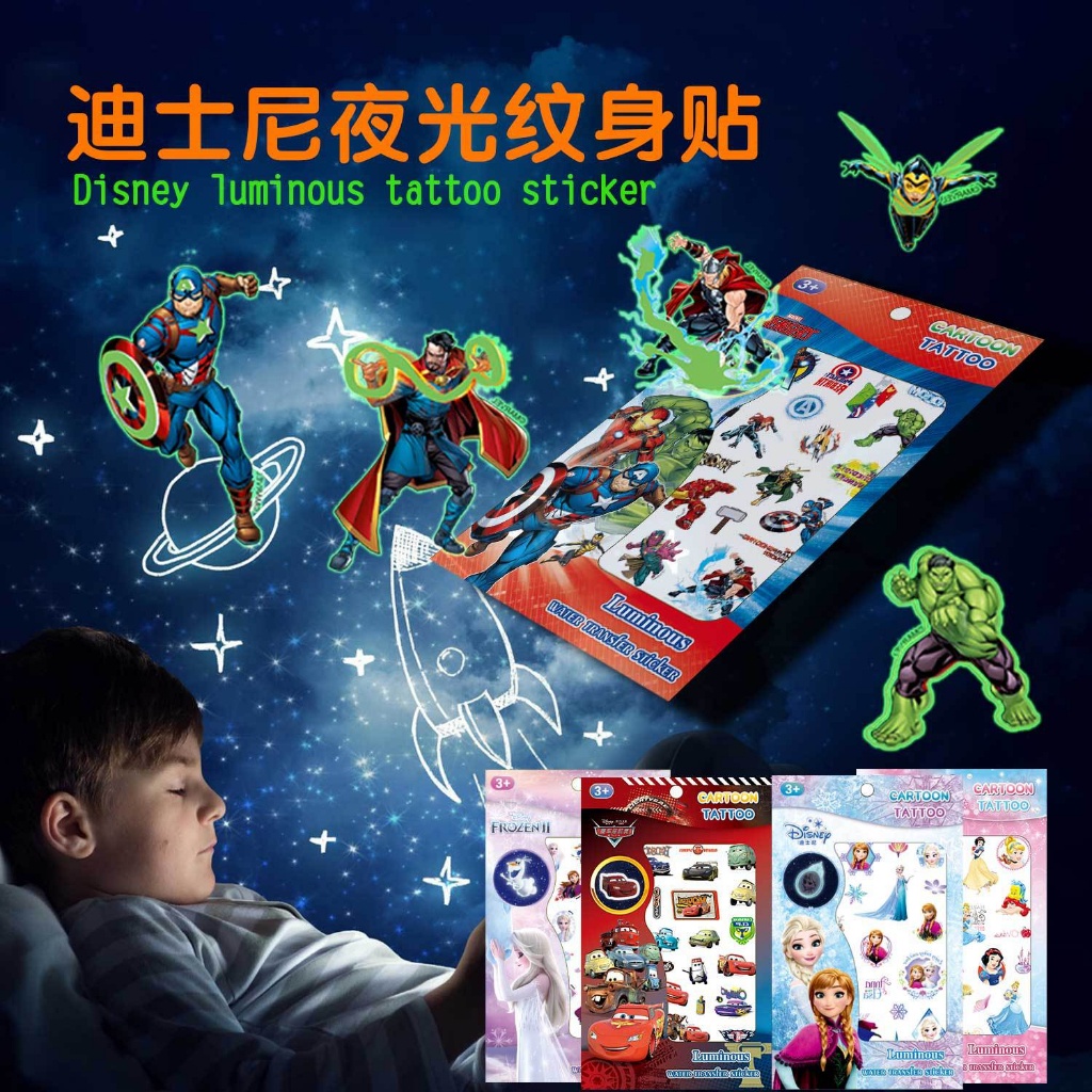 (Pimenova) sticker tatto anak motif DISNEY glow in the dark tatto bisa hilang tatto anak tato anak aman Tatto Temporer / Tatto Mainan Anak Cewe Cowo Tato Stiker Tattoo Sticker Anak