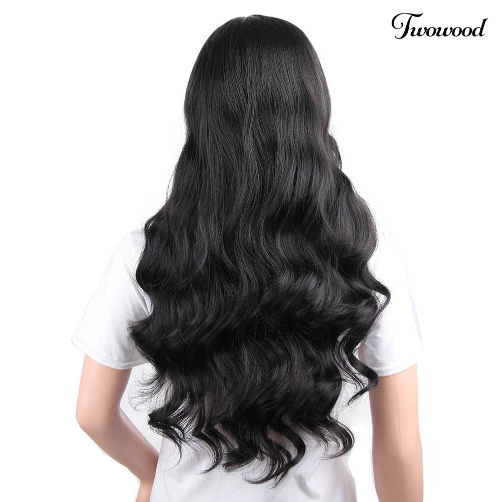 Twowood Wanita Seksi Hitam Panjang Keriting Bergelombang Rambut Tahan Panas Sintetis Wig Sopak