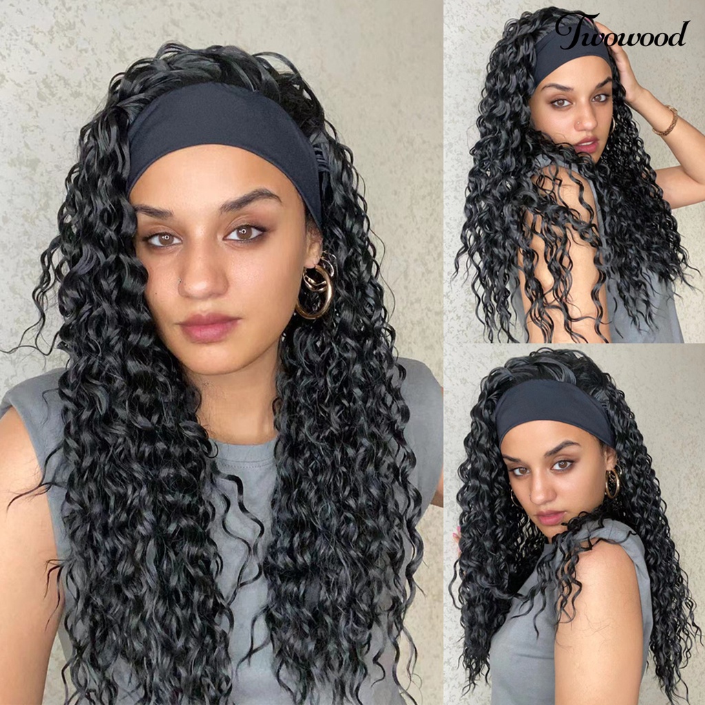 Twowood 24-Inch Wanita Wig Berbulu Tidak Menumpahkan Non-Tangle Ringan Tahan Sobek Gaya Rambut Dekorasi Warna Hitam Air Keriting Bando Rambut Manusia Wig Untuk Club