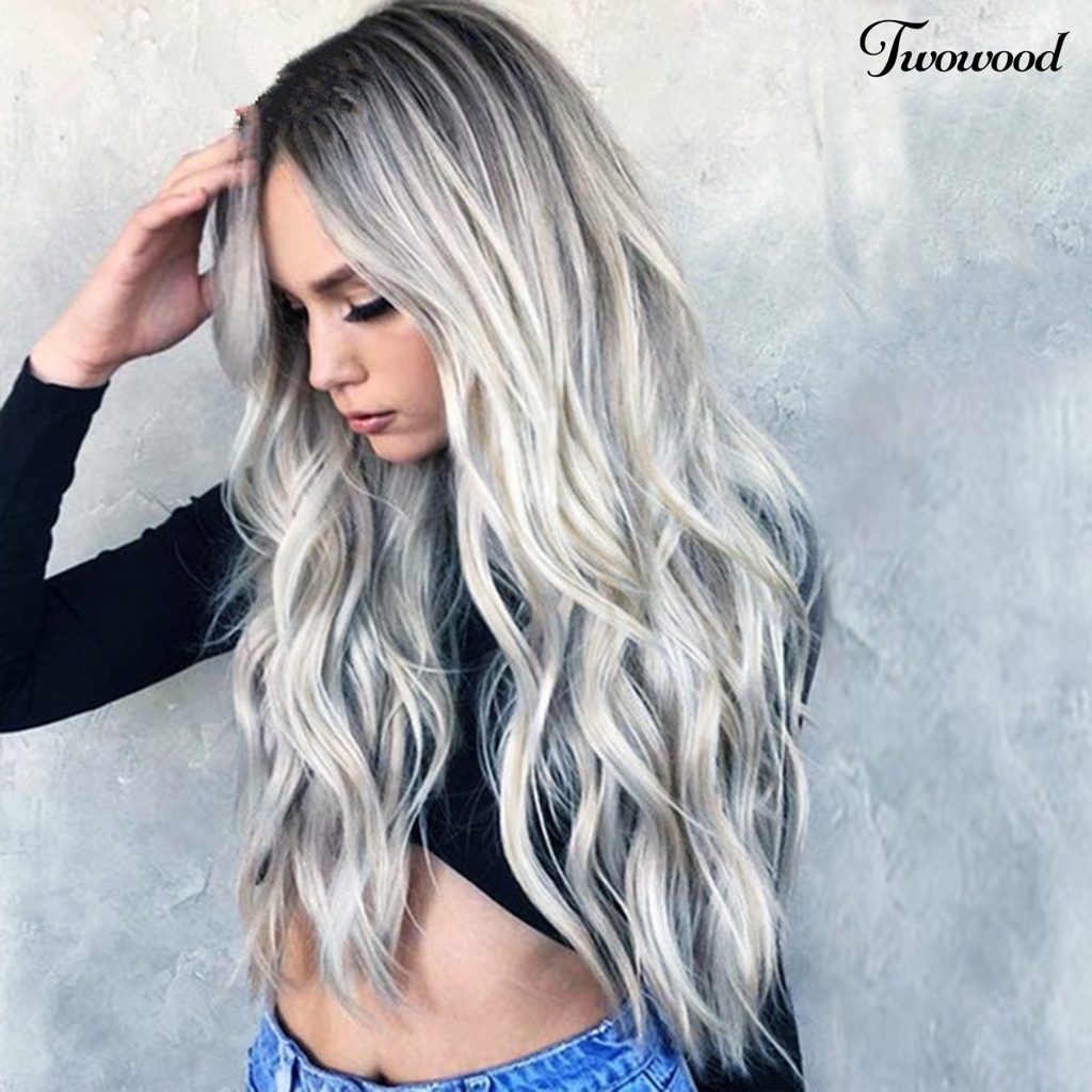 Twowood Mid Length Wig Mudah Dipakai Highlight Fluffy Operasi Sederhana Fashion Role Play Props Suhu Tinggi Sutra Abu-Abu Gradien Wig Rambut Keriting Panjang Untuk Kehidupan Sehari-Hari