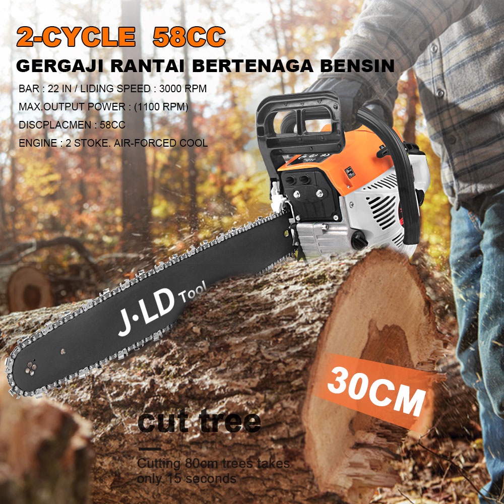 JLD Mesin Potong Kayu 58CC Mesin sinso senso Chainsaw 2Tak 22inch Gergaji Potong Pohon Kayu GERGAJI MESIN POTONG KAYU KUALITAS TERBAIK BY JAPAN TECHNOLOGY