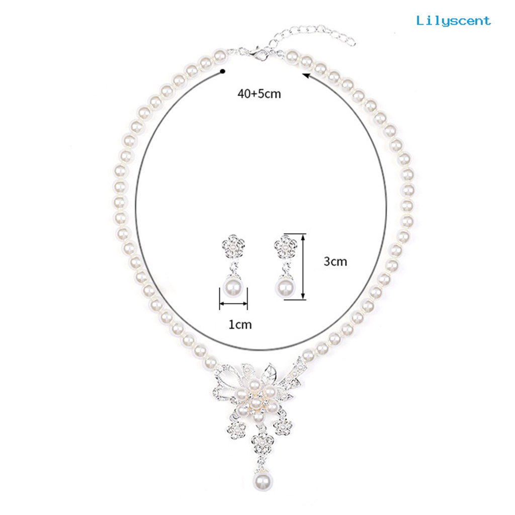 [LS]1 Set Wanita Kalung Manik-Manik Glossy Mutiara Imitasi Berlian Imitasi Tertanam Bunga Pengantin Kalung Stud Anting Kit Pernikahan Perhiasan