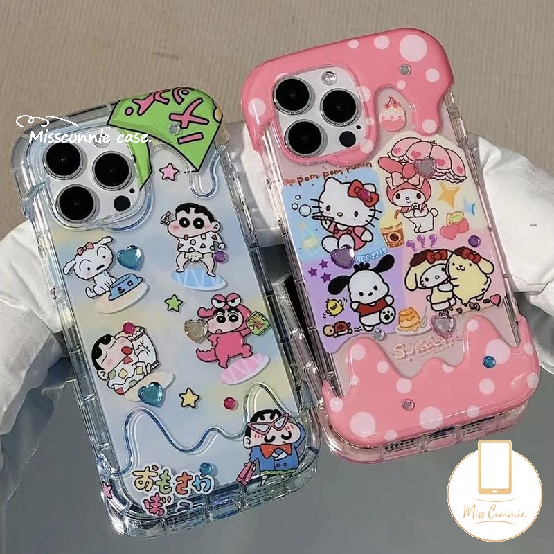 IPHONE Casing Es Krim 3D Hello Kitty Pochacco Kuromi Lucu Kompatibel Untuk Iphone11 12 13 14 Pro Max XR 7Plus X7 8 Plus XS Max SE 2020kartun Crayon Shin-chan Lembut TPU Cover