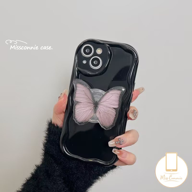 Untuk Realme C35 C21Y C55 C53 C15 C12 C25 C25Y 6i 5 7i 5i 5s C30 C17 C20A C25s C11 C21 C33 C31 C20 C3 3D Wavy Curved Edge Butterfly Stand Holder Bracket Fashion Cat Air Soft Case