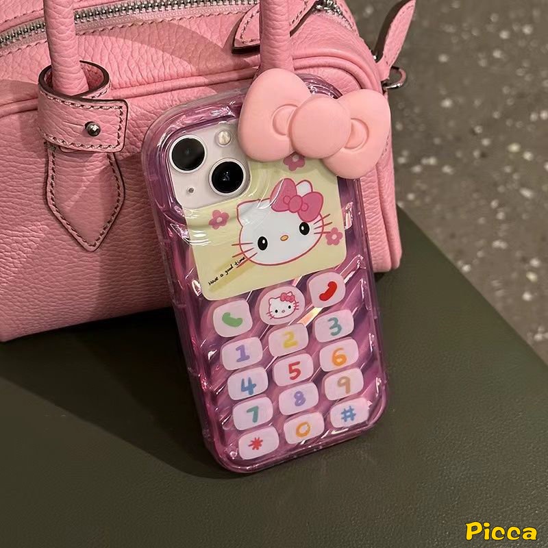 IPHONE Kartun Hello Kitty Case Kompatibel Untuk Iphone11 13 14 12 Pro MAX XR 7Plus 7 8 6 6S Plus X XS MAX SE 20203D Stereo Korgasi Kartu Laser Vintage Tombol Telepon Digital Soft Cover