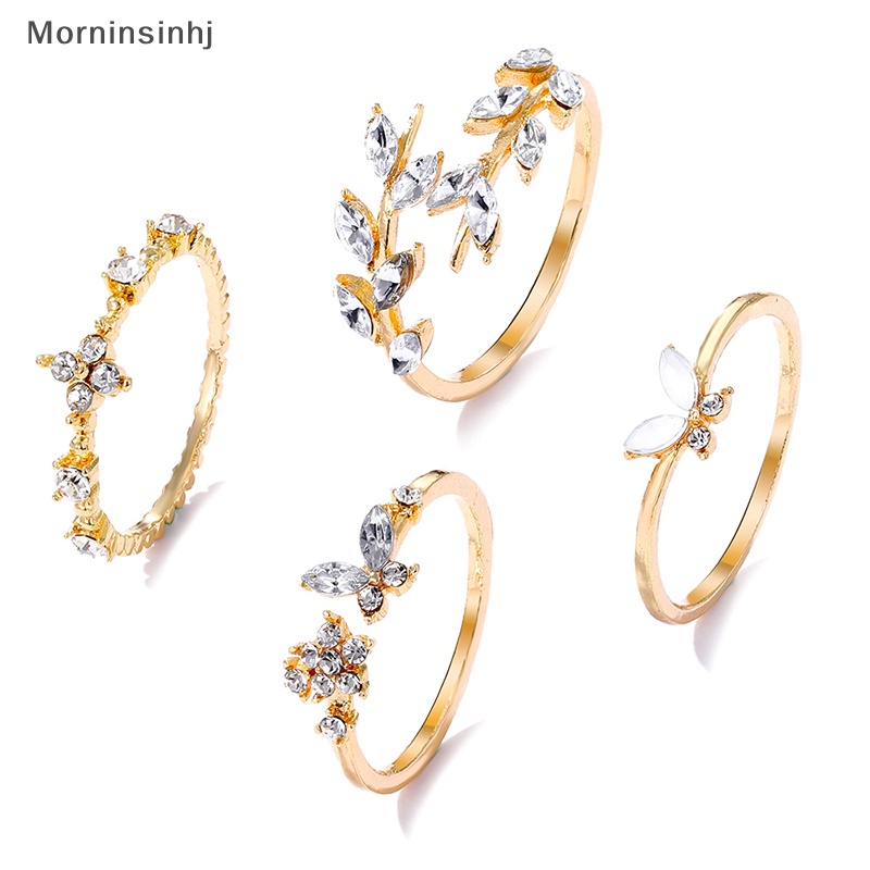 Mornin 4Pcs/Set Fashion Korea Temperamen Berlian Imitasi Memutar Daun Bunga Cincin Set Untuk Wanita Perhiasan Hadiah id