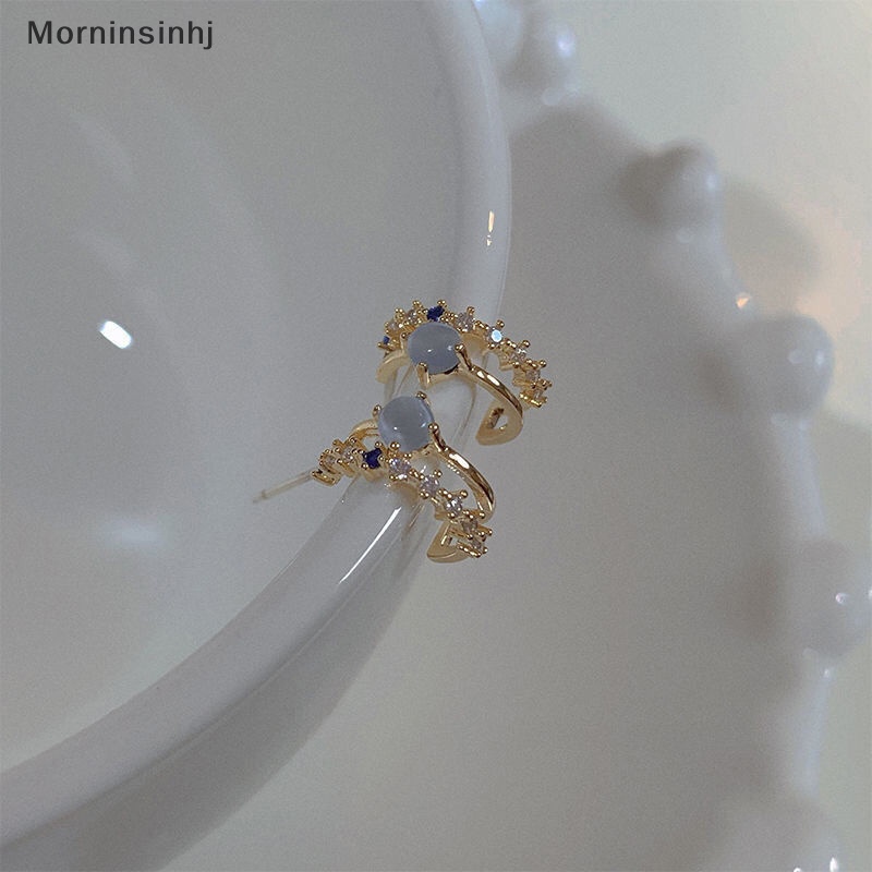 Mornin Blue Opal Stud Earrings Untuk Wanita Korea Cahaya Zirkon Mutiara Fashion Kristal Manis Anting Gadis Perhiasan id