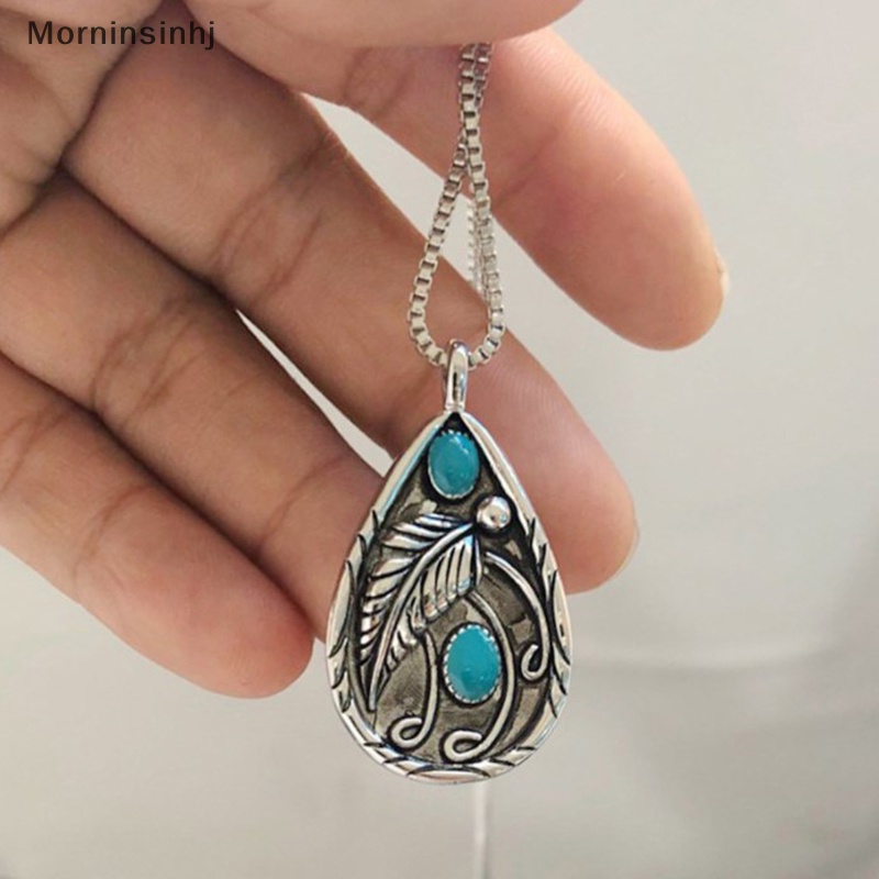 Mornin Vintage Leaf Green Stone Color Pendant Necklace Bohemia Pernyataan Perhiasan Tetesan Air Liontin Kalung Wanita id