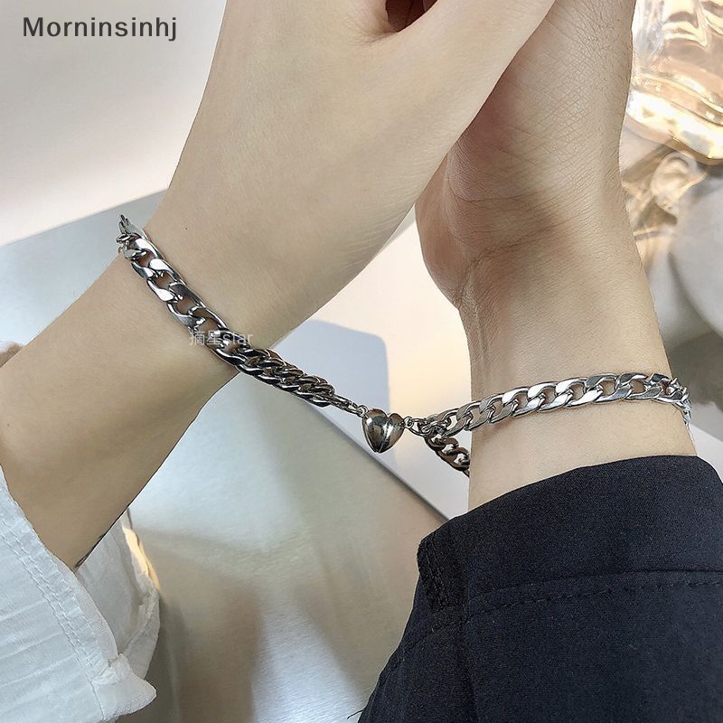 Mornin 2pcs Gelang Pasangan Rantai Warna Silver Punk Untuk Wanita Stainless Steel Magnet Romantis Pria Pasangan Hal Fashion Perhiasan Pulsera id