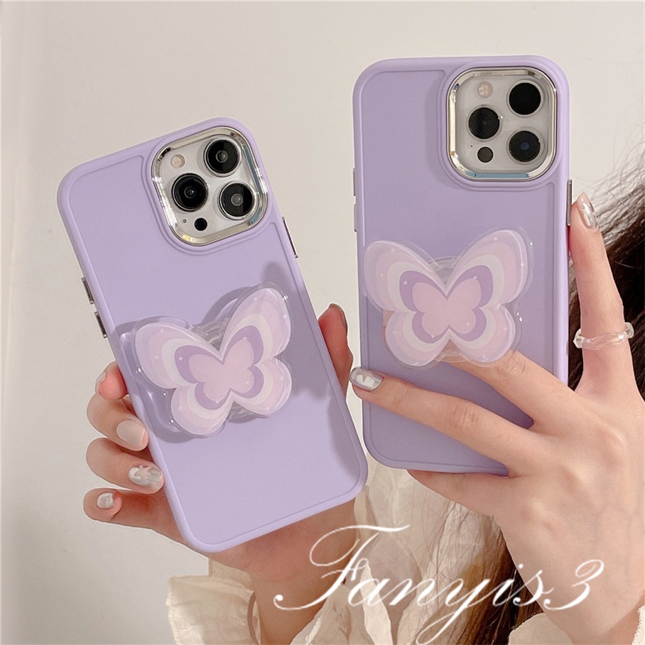 Compatible For iPhone 14 13 12 11 Pro Max X XR Xs Max 8 7 Plus Kompatibel Untuk Warna Kupu-Kupu Ungu Casing Ponsel Lembut Cover Pelindung Dengan Bracket