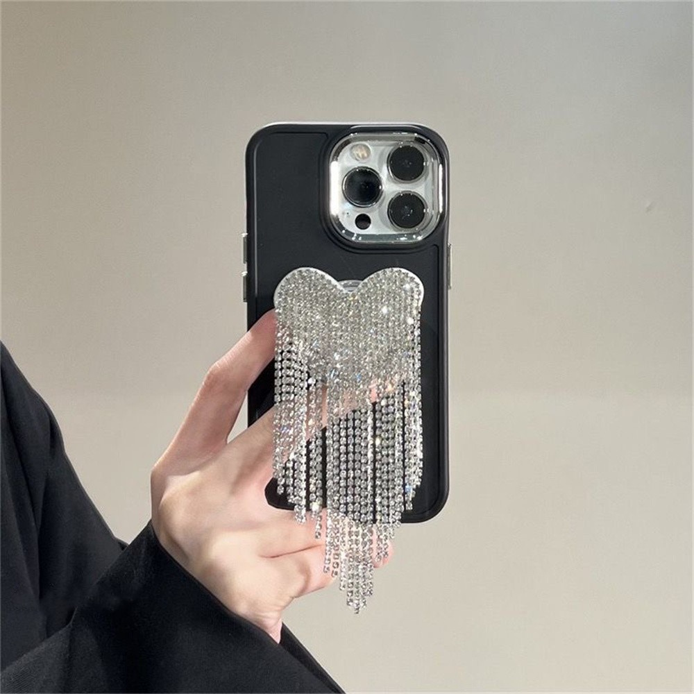 Casing Ponsel Bingkai Lensa Electroplating Untuk iPhone 14 Pro Max 13 Pro 12 11Pro X XR Xs Max 7 /8Plus Dengan Holder Rumbai Hati Case Silikon Penutup Belakang