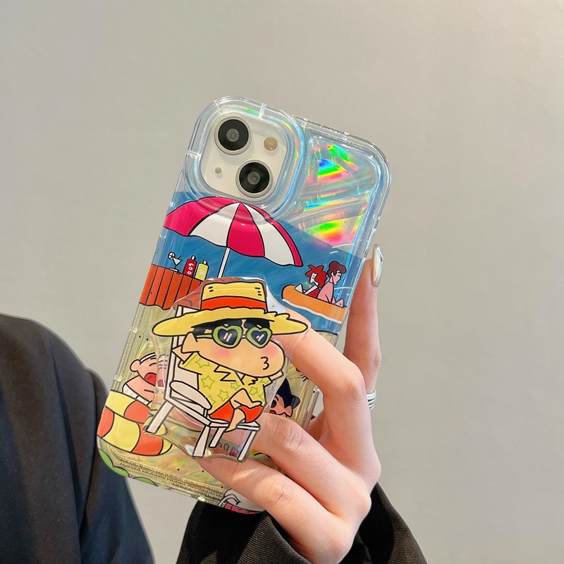 【Laser Popsocket】 Crystal Wave So Cool Funny Crayon Shin-chan Airbag Soft Case for IPhone 7 8 Plus X XR XS Max 11 12 13 14 Pro Max 14 Plus SE Women Girl Lovely Cartoon