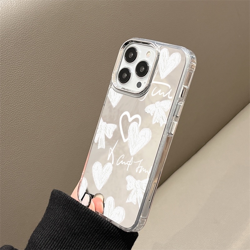 IPHONE Heart Bow Tie Graffiti Mirror Phone Case Kompatibel Untuk Iphone11 12 13 14 12Pro 13Pro 14Pro Pro Max XR X XS Max Electroplating Tombol Perlindungan Mirror Cover