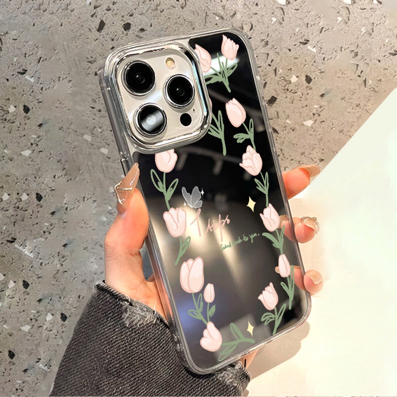 IPHONE Casing Ponsel Cermin Kupu-Kupu Tulip Elegan Kompatibel Untuk Iphone11 12 13 14 12Pro 13Pro 14Pro Pro Max XR X XS Max Electroplating Tombol Perlindungan Mirror Cover