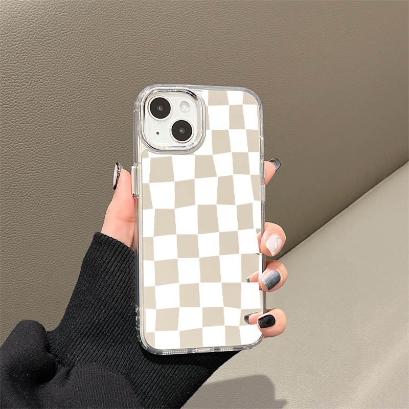 IPHONE Casing Ponsel Cermin Kotak-Kotak Sederhana Kompatibel Untuk Iphone11 12 13 14 12Pro 13Pro 14Pro Pro Max XR X XS Max Electroplating Tombol Perlindungan Mirror Cover