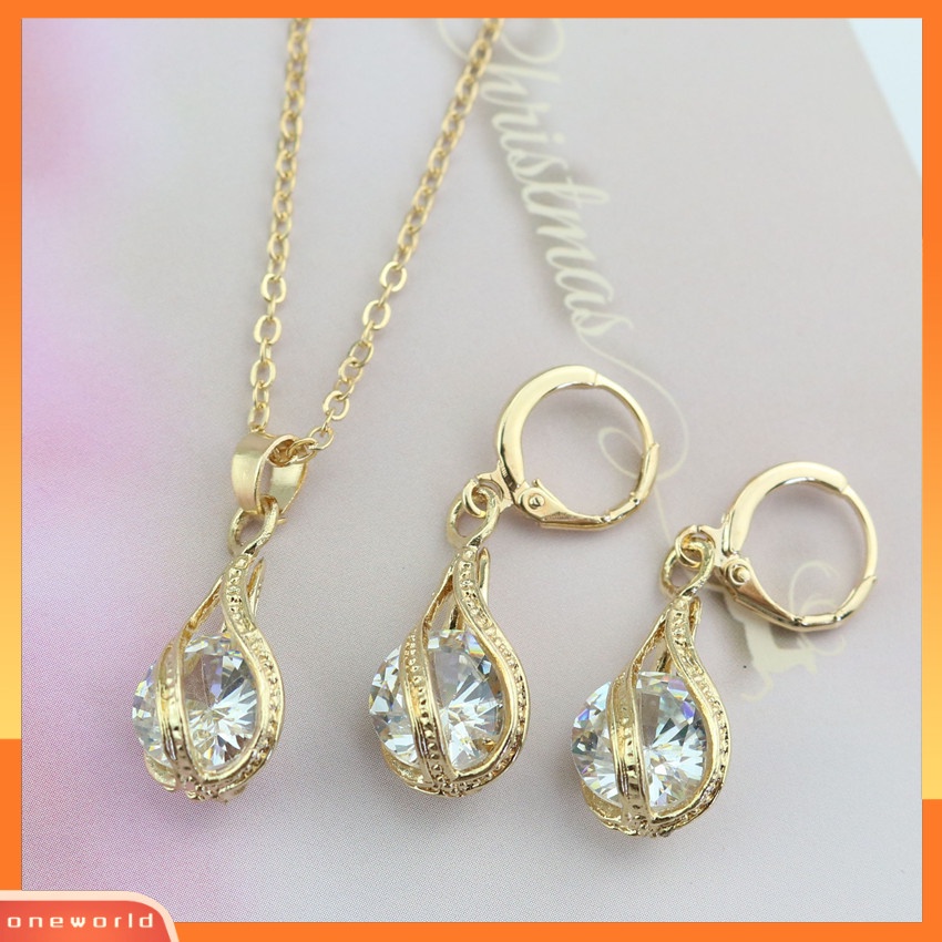 [ONR] Tergabung Zirkon Berbentuk drop spiral Berongga Kalung Anting set Aksesoris Dua Potong set