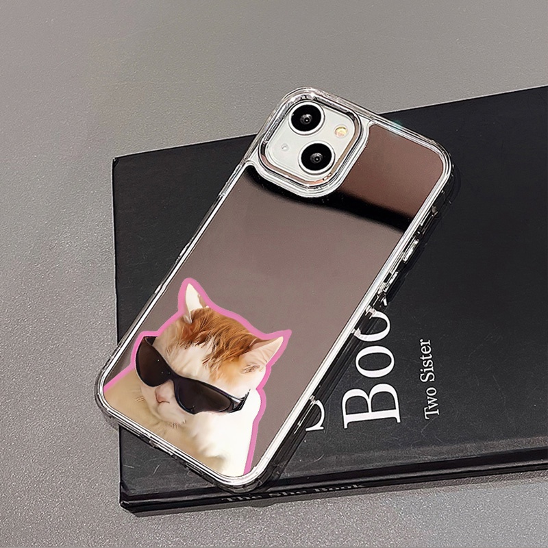 IPHONE Kacamata Hitam Lucu Cat Mirror Phone Case Kompatibel Untuk Iphone11 12 13 14 12Pro 13Pro 14Pro Pro Max XR X XS Max Electroplating Tombol Perlindungan Mirror Cover