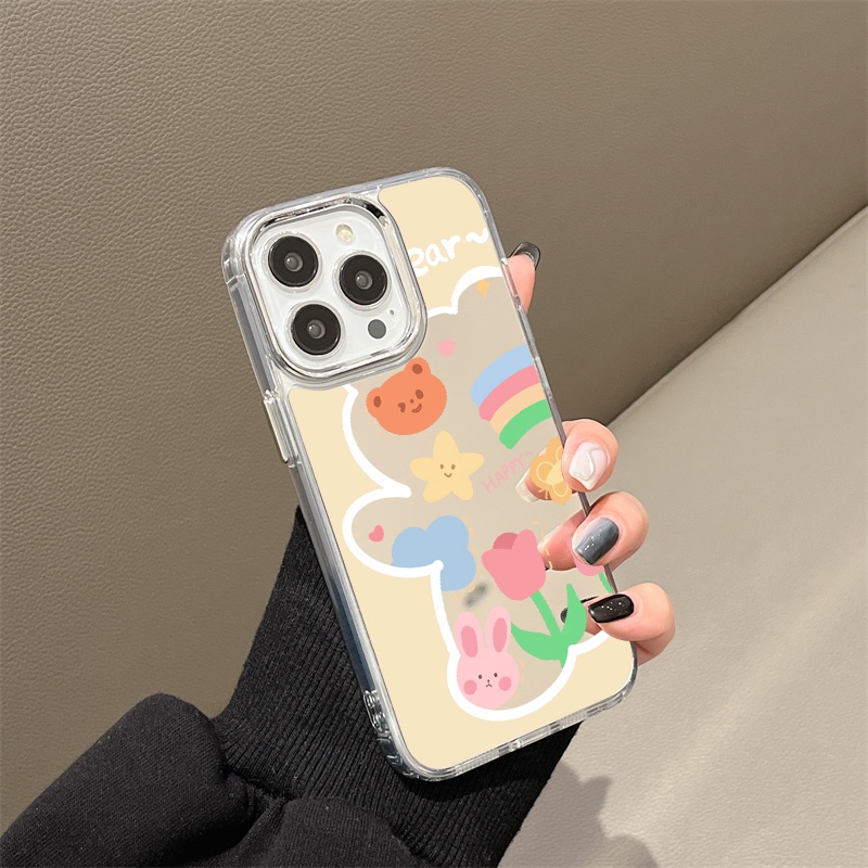 IPHONE Happy Bunny Bear Mirror Phone Case Kompatibel Untuk Iphone11 12 13 14 12Pro 13Pro 14Pro Pro Max XR X XS Max Electroplating Tombol Perlindungan Mirror Cover