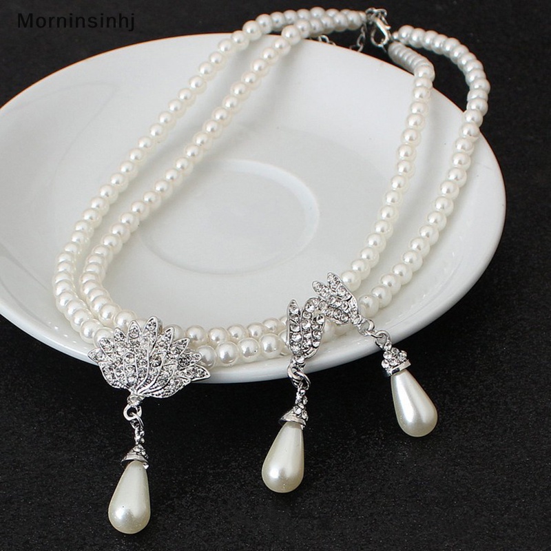 Mornin Elegan Simulasi-Mutiara Set Perhiasan Pengantin Berlian Imitasi Pearl Drop Kalung+Anting Pernikahan Perhiasan Hadiah id