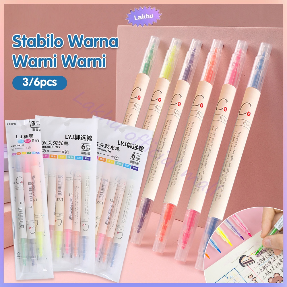 JCHO 6Pcs 1Set Stabilo 12 Warna Warni / Double Head Highlighter 12 Colors In 6 Pcs