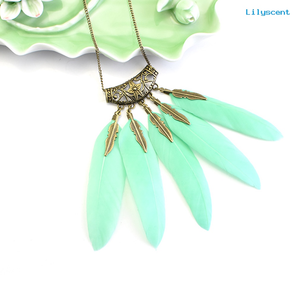 [LS]Wanita Bohemian Vintage Daun Bulu Alloy Kalung Sweater Rantai Perhiasan Hadiah