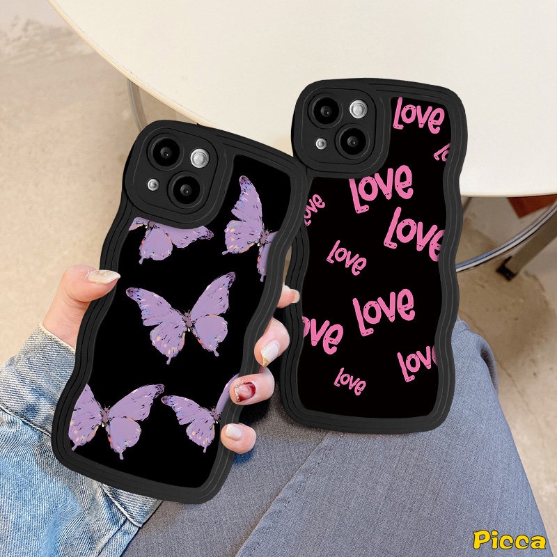 Ins Fashion Fantasy Butterfly Wavy Edge Phone Casing Untuk IPhone 7Plus 11 13 11 12 14 Pro Max XR 6s 8 6 7 Plus X XS Max SE 2020retro Flower Iove Letter Label Soft Back Cover