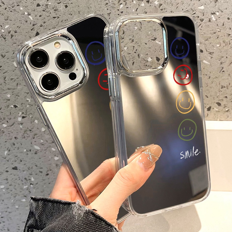 IPHONE Smile Emoji Mirror Phone Case Kompatibel Untuk Iphone11 12 13 14 12Pro 13Pro 14Pro Pro Max XR X XS Max Electroplating Tombol Perlindungan Mirror Cover