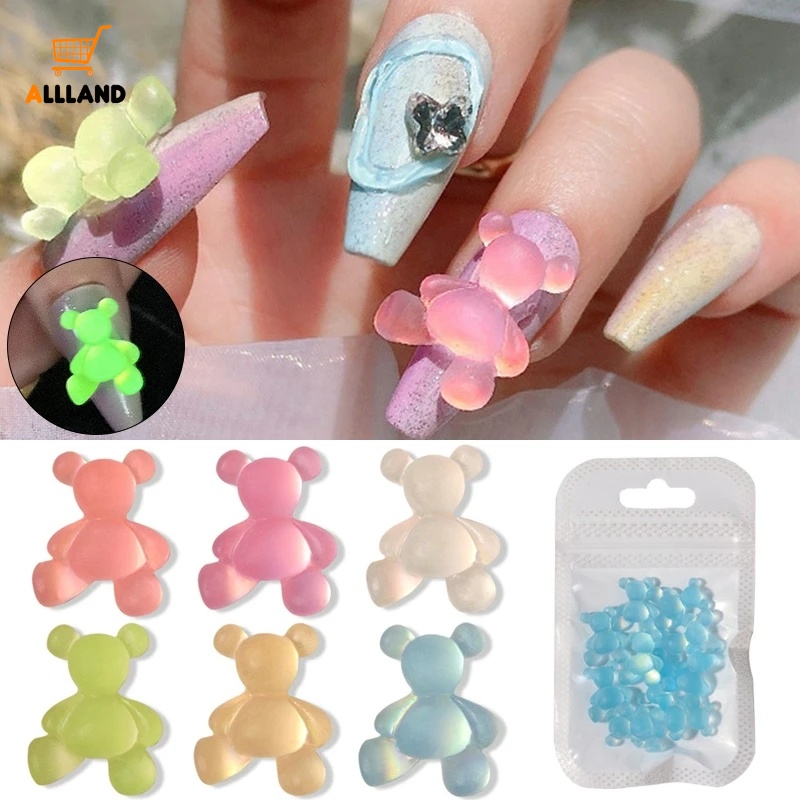 Pesona Kuku Beruang Fluorescence Kristal Kartun 3D/ Hiasan Nail Art Beruang Warna Permen/ Glow In The Dark Manicure Accessories