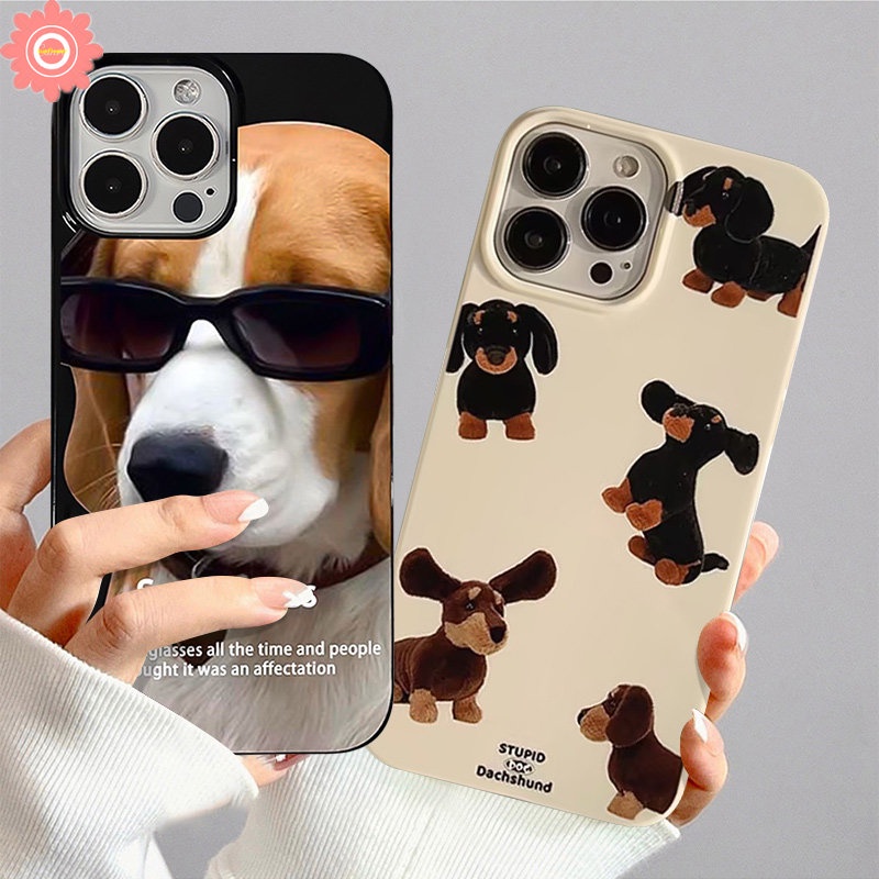 Kacamata Hitam Kartun Cool Dog Case Kompatibel Untuk iPhone 7Plus XR XS X Max11 13 12 14 Pro Max8 7 Plus SE 2020 Glossy Halus Shockproof Fun Dachshund Dog Soft Cover