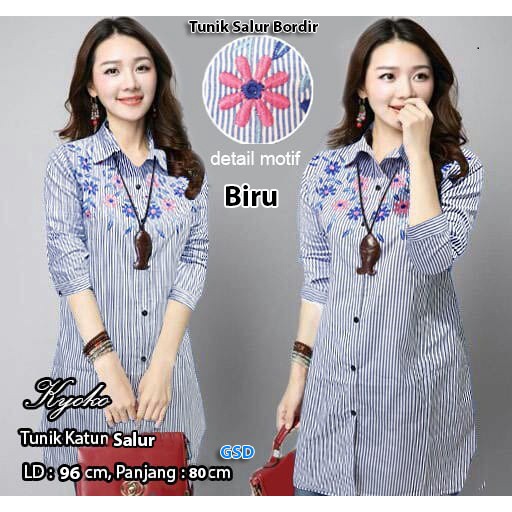 New Sale Kemeja Tunik Wanita/Baju Tunik Murah-tunik salur bordir - Biru