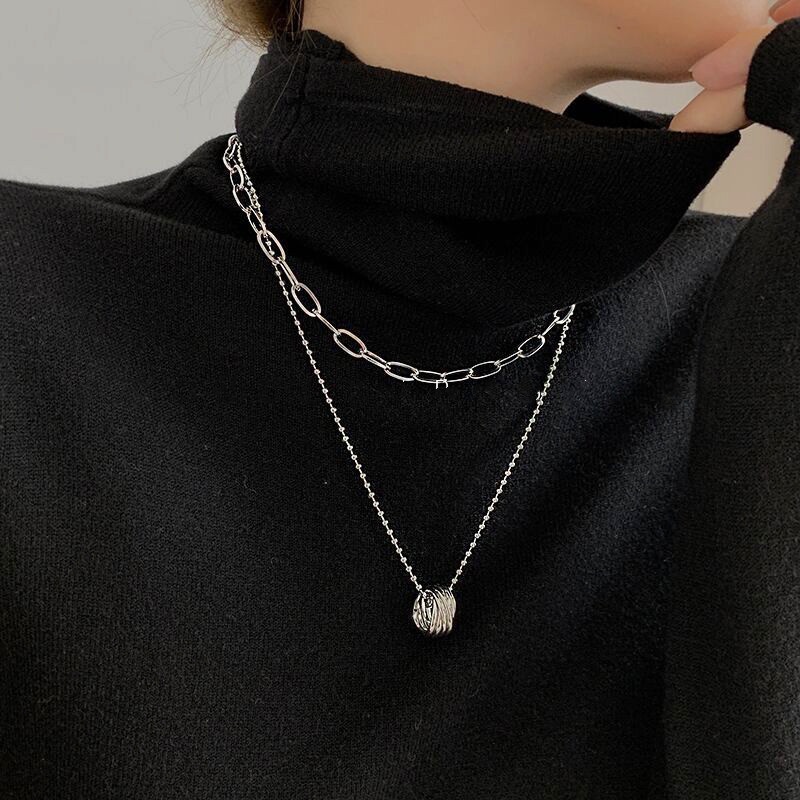 Hip Hop Double Layer Kalung Rantai Manik Bulat Perempuan Baru ins Trendi High-End Cahaya Mewah Niche Cincin Klavikula Rantai