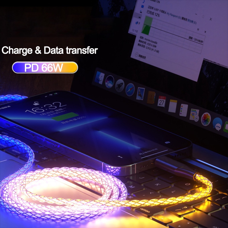 66w 6A Lampu RGB Pengisian Cepat Kabel Pernafasan Cahaya USB Tipe C Kabel Telepon Aksesoris Mobil Charge Kabel Untuk ios Typc C Micro