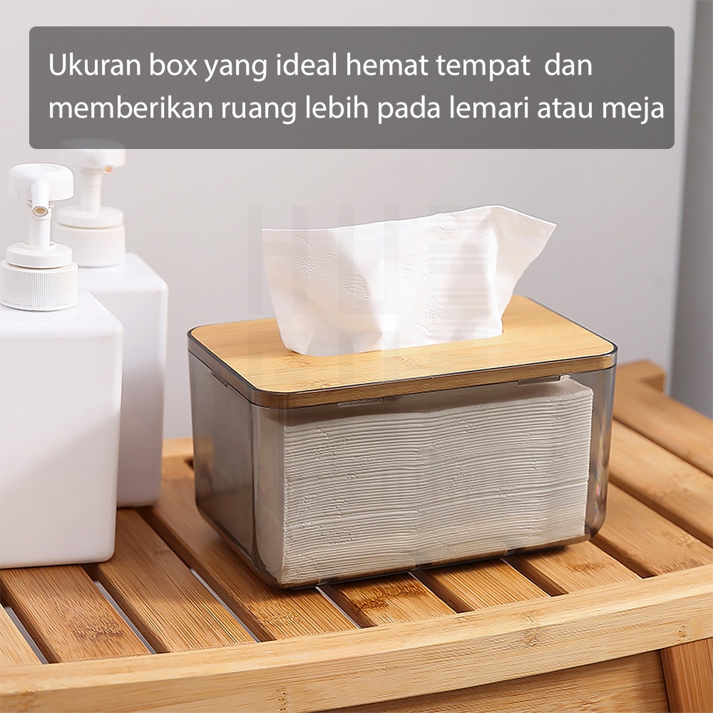 HUGO Tempat Penyimpanan Tissue Transparan Kotak Tisu Estetik Minimalis Tutup Kayu Premium Quality