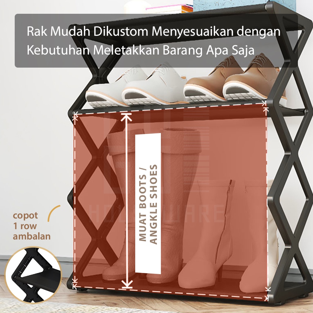 HUGO Rak Sepatu Portable 4 Susun Tempat Sepatu Sandal Serbaguna Minimalis Stainless Steel Kokoh