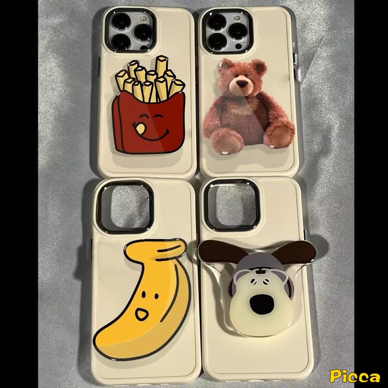 IPHONE Casing Frame Lensa Bahan Metal Plating Mewah Kompatibel Untuk Iphone7 8 Plus 11 14 12 13 Pro MAX X XR XS MAX Sederhana Warna Solid Cover Dengan Beruang Lucu Puppy Pisang Kentang Goreng Bracket Aksesoris