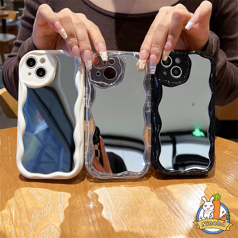 IPHONE 3d Cream Wavy Edge Makeup Mirror Phone Case Kompatibel Untuk Iphone14 13 12 11 Pro Max X Xr Xs Max8 7 6 6s Plus SE 2020 Perlindungan Kamera Anti Gores Silikon Lembut TPU Penutup Belakang