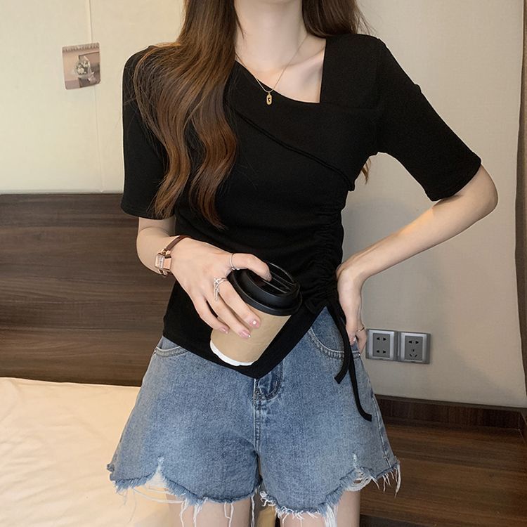 Terbaru Korean Atasan Wanita Slim Fit Serut Lipit Casual Crop Top